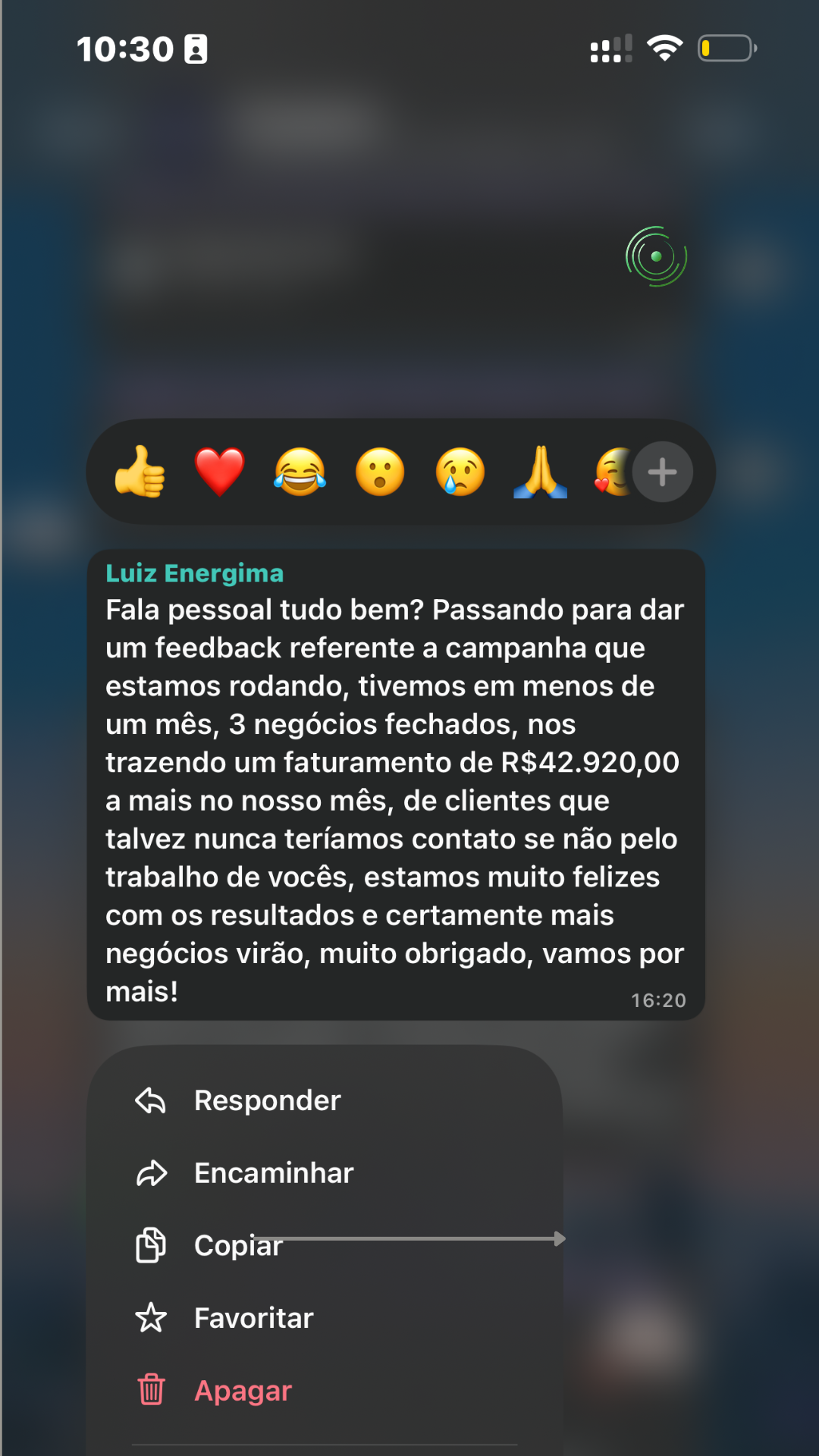 Depoimento de cliente da Aura Publicidade via WhatsApp